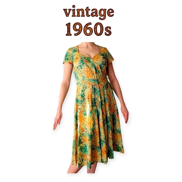 Vintage Dresses & Skirts - Vintage 1960s 1970s Floral Dress Green Orange Yellow Mad Men S/M Retro Outfit